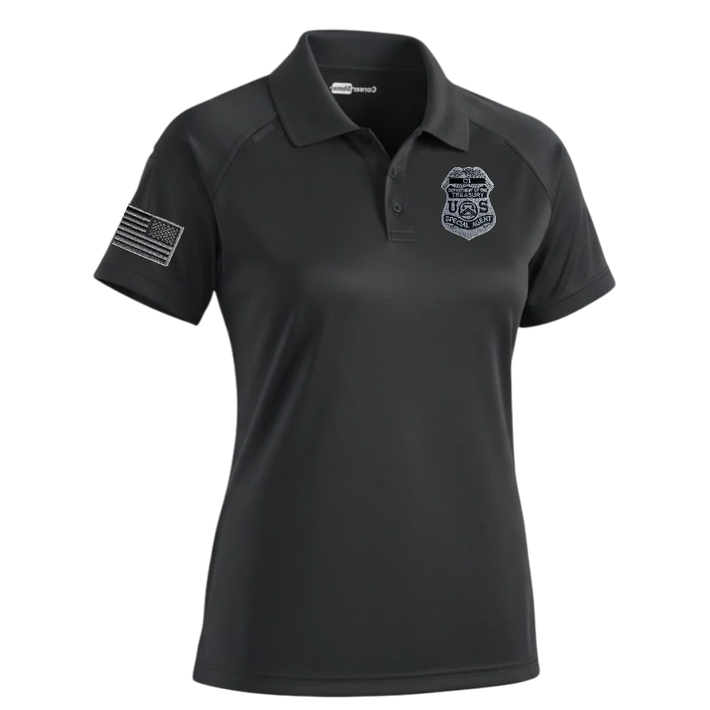 CS411 WOMENS TACTICAL POLO, IRS GREY BADGE/ FLAG RT SLEEVE