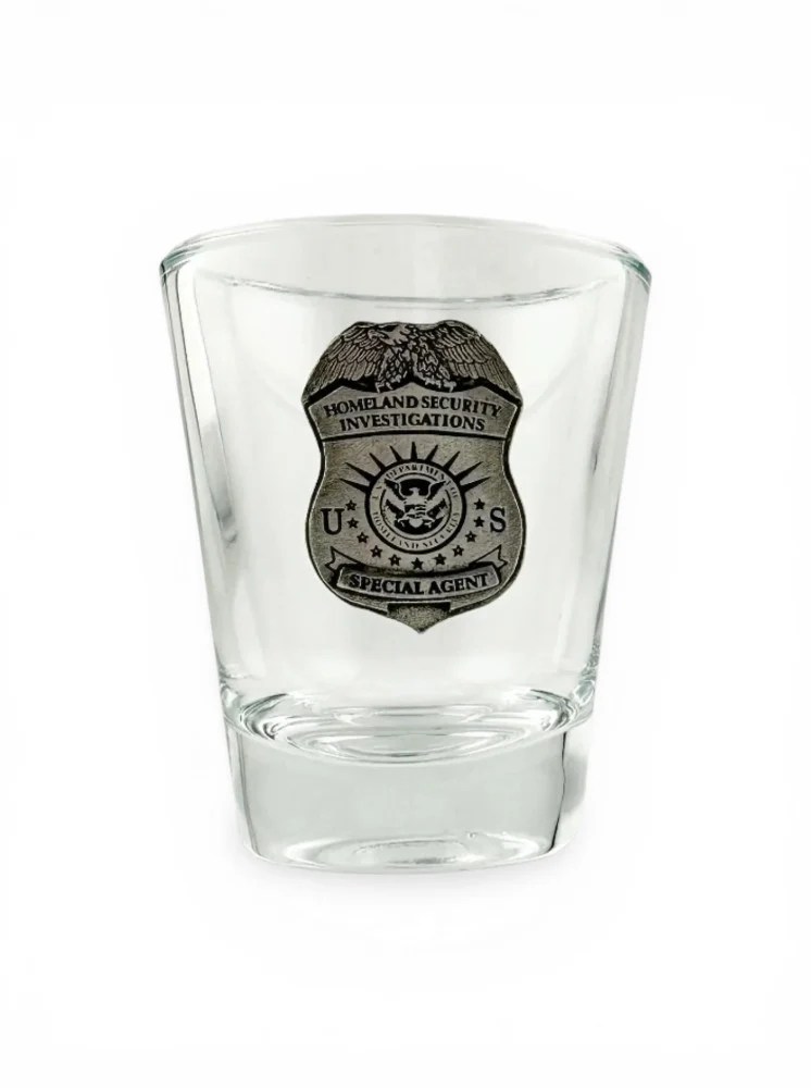 HSI ROUND SHOT GLASS WITH PEWTER BADGE